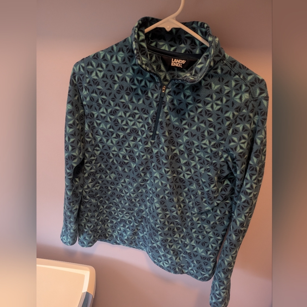 Like New Lands' End Women's Petite Small Blue And Navy Geometric Quarter Zip
